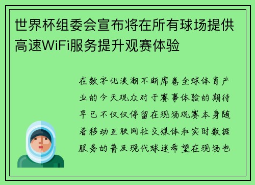 世界杯组委会宣布将在所有球场提供高速WiFi服务提升观赛体验