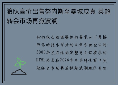 狼队高价出售努内斯至曼城成真 英超转会市场再掀波澜